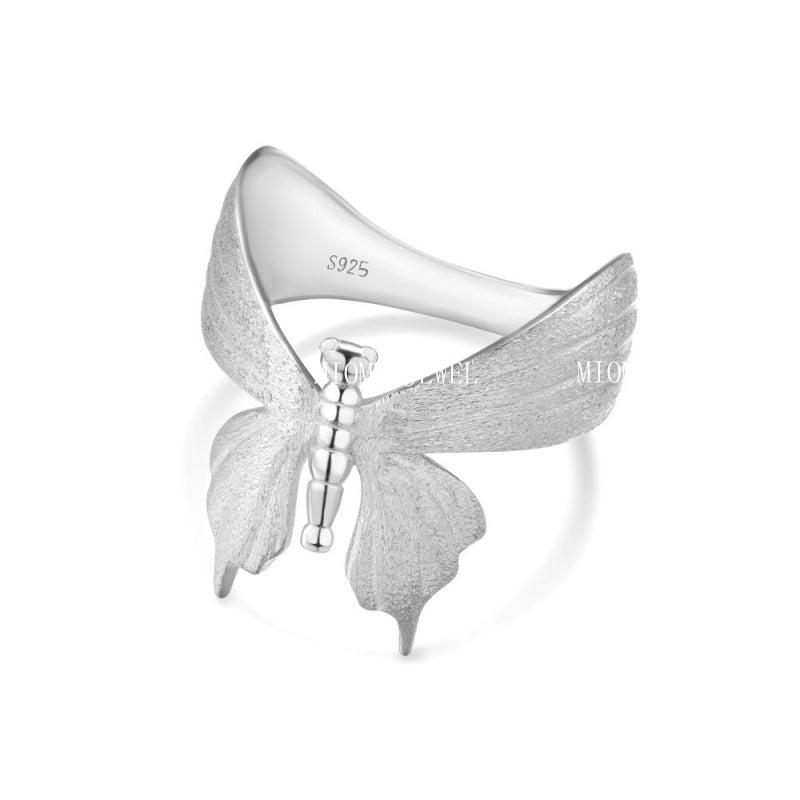 S925 Sterling Silver INS Style Brushed Craft Butterfly Ring Elegant Niche Design Exquisite Ring