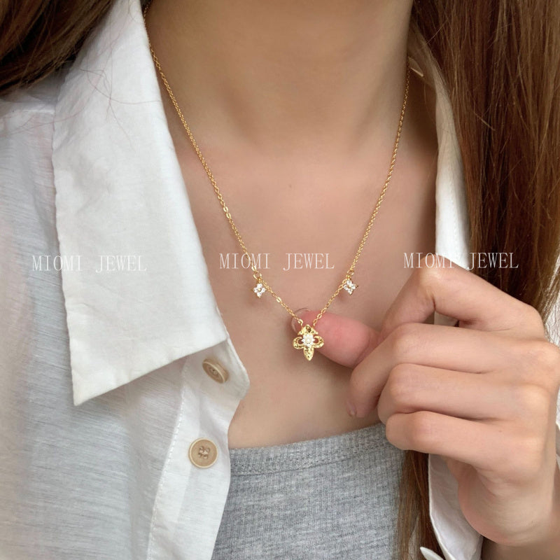 S925 Sterling Silver Iris Broken Ice Necklace for Women Vintage Mid-Century Style Light Luxury Niche Design Collarbone Chain