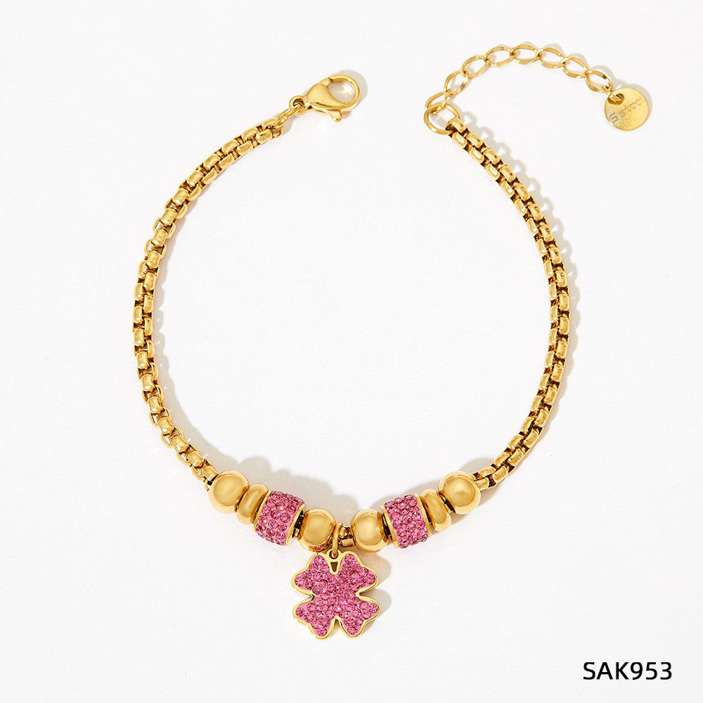 New Lucky Clover Bracelet for Women Stainless Steel Inlaid Diamond Four-Leaf Clover Bracelet Sweet Fairy Style Color-Retaining Jewelry