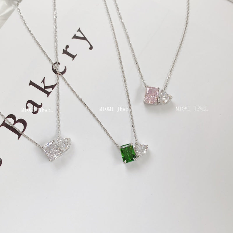 S925 Sterling Silver High Carbon Diamond Necklace for Women Ice Flower Cut Pink Heart Pendant Green Diamond High-end Collarbone Chain
