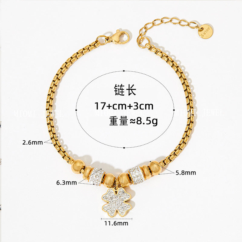 New Lucky Clover Bracelet for Women Stainless Steel Inlaid Diamond Four-Leaf Clover Bracelet Sweet Fairy Style Color-Retaining Jewelry