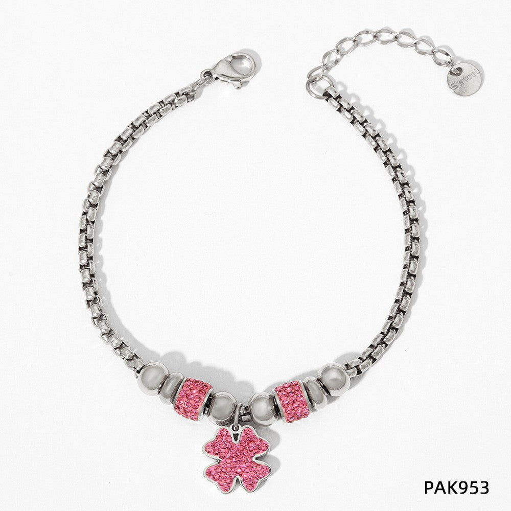New Lucky Clover Bracelet for Women Stainless Steel Inlaid Diamond Four-Leaf Clover Bracelet Sweet Fairy Style Color-Retaining Jewelry