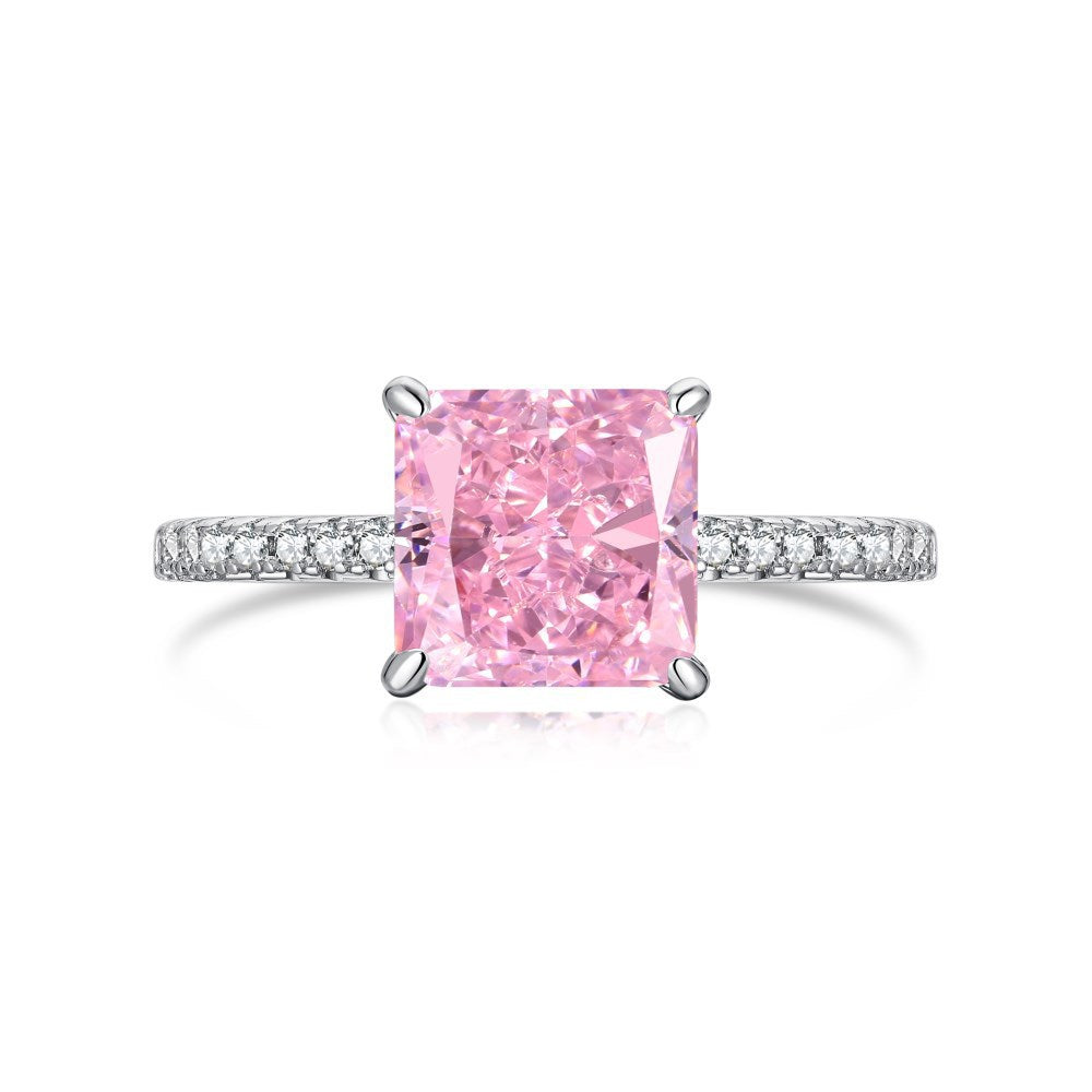 925 Sterling Silver Women's INS Heart Pink Ring Pink Diamond Sugar Cube Super Sparkling High Carbon Diamond Ring Wedding Ring