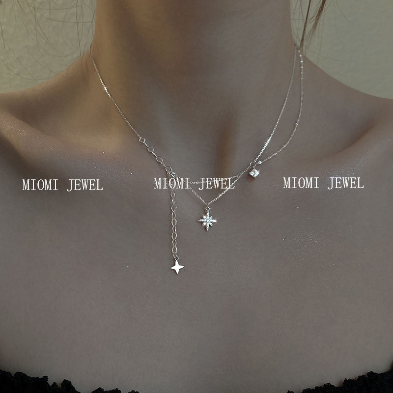 S925 Sterling Silver Sparkling Diamond Hexagram Necklace for Women Minimalist Double Layer Tassel Collarbone Chain