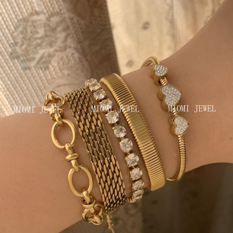 Stackable Bracelet Set Combination Stainless Steel Exquisite Diamond-Encrusted Wide Strap Mesh Chain Heart Bracelet Versatile Set