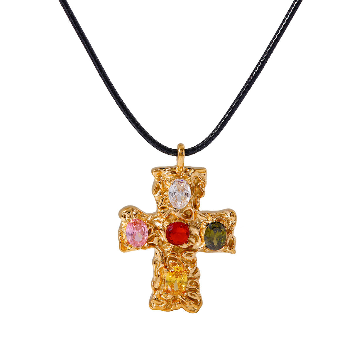 Ins Internet Celebrity Same Style 18K Gold Stainless Steel + Wax Cord + Colorful Zircon/Hammered Cross Zircon Necklace