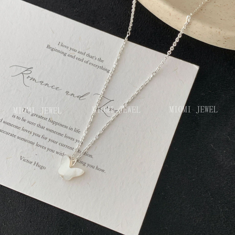 S925 Sterling Silver Natural Mother-of-Pearl Butterfly Necklace for Women Korean Style Fresh and Elegant Collarbone Chain
