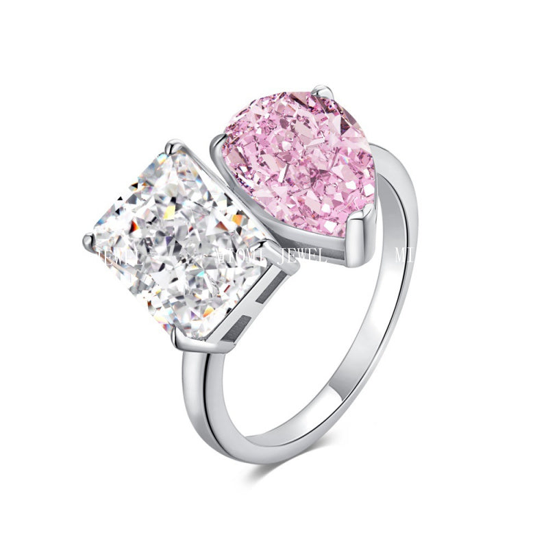 S925 Sterling Silver Double Main Stone Ice Flower Cut Ring for Women Inlaid with High Carbon Diamond Zircon European and American High-end Fashion Wedding Ring