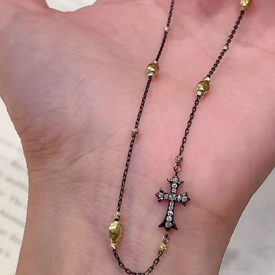 Sterling Silver S925 Black Gold Cross Double-Sided Necklace Micro Inlay Niche Personality Versatile Elegant Light Luxury Collarbone Chain