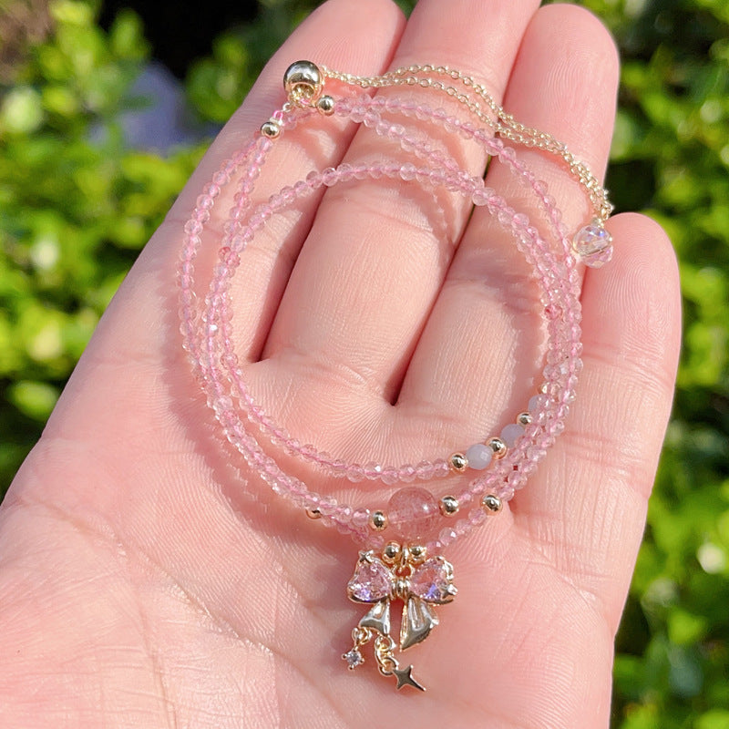 Natural Faceted Strawberry Quartz with Aquamarine Multi-layer Three-circle Bracelet and Necklace Dual-use