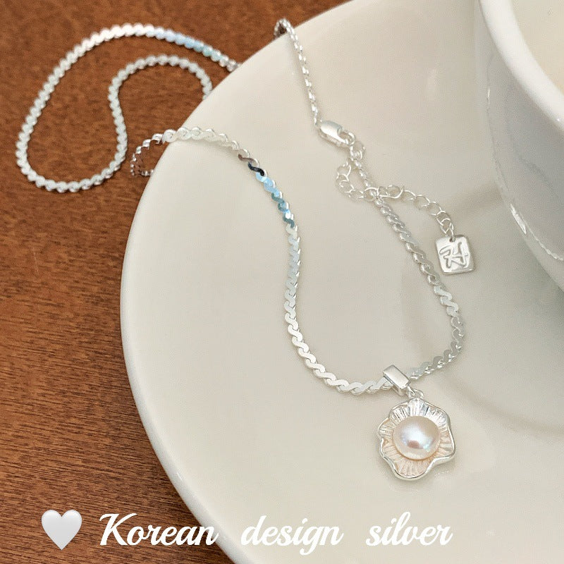 Korean Style Blogger Same Style Jewelry S925 Sterling Silver Poached Egg Pearl Necklace Niche Design Versatile Women's Style
