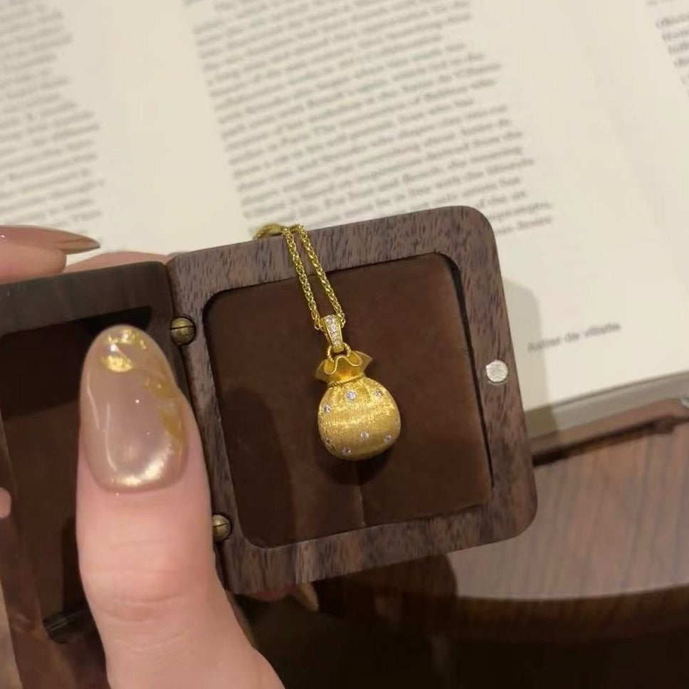 S925Pure Silver New Chinese Style Brushed gold Small Lucky Bag Pendant Necklace Autumn Winter Exquisite High-Value Collarbone Chain