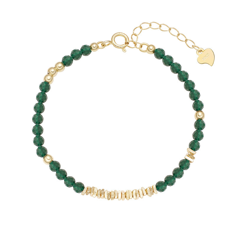 Natural Malachite S925Women's Sterling Silver Necklace French Retro Beaded with Clavicle Chain Accessories High Sense Necklace