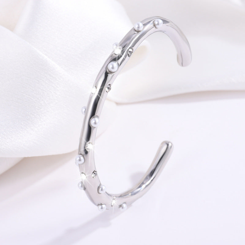 Stainless Steel Bracelet Trendy Inlaid Pearl Bracelet Women's Titanium Steel Retro Versatile Hand Jewelry
