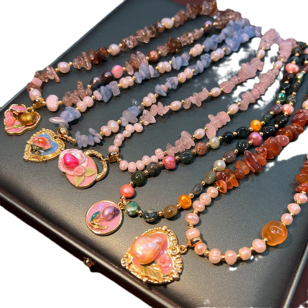 Monet Garden Oil Painting Natural Pearl Mixed Color Natural Stone Crystal Amazonite Handmade Beaded Old Money Style Necklace