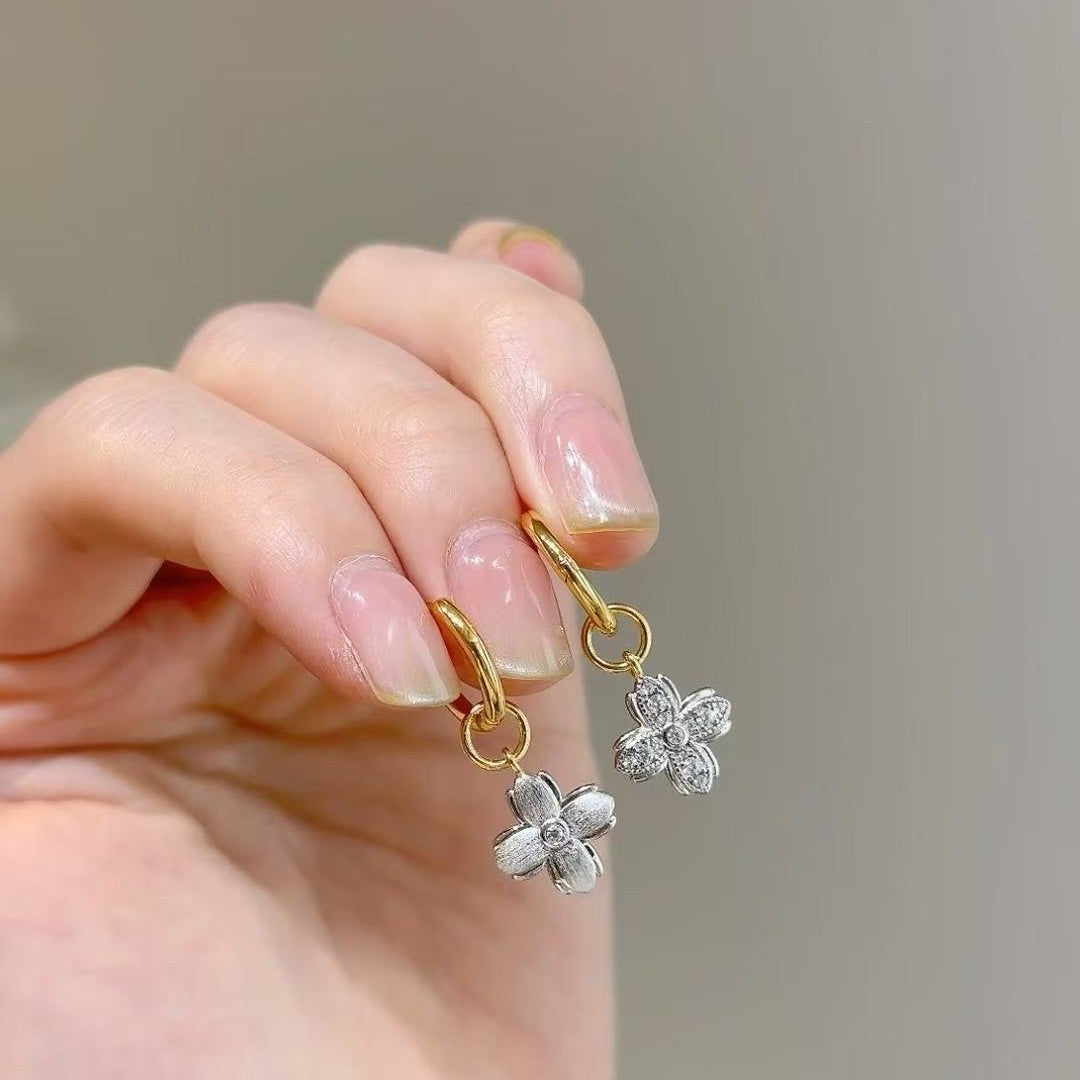 S925 Silver Four-Leaf Clover Two-Tone Reversible Earrings Elegant High-End Zircon Light Luxury