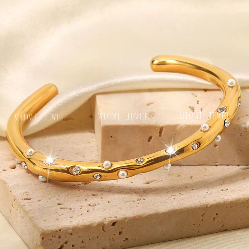 Stainless Steel Bracelet Trendy Inlaid Pearl Bracelet Women's Titanium Steel Retro Versatile Hand Jewelry