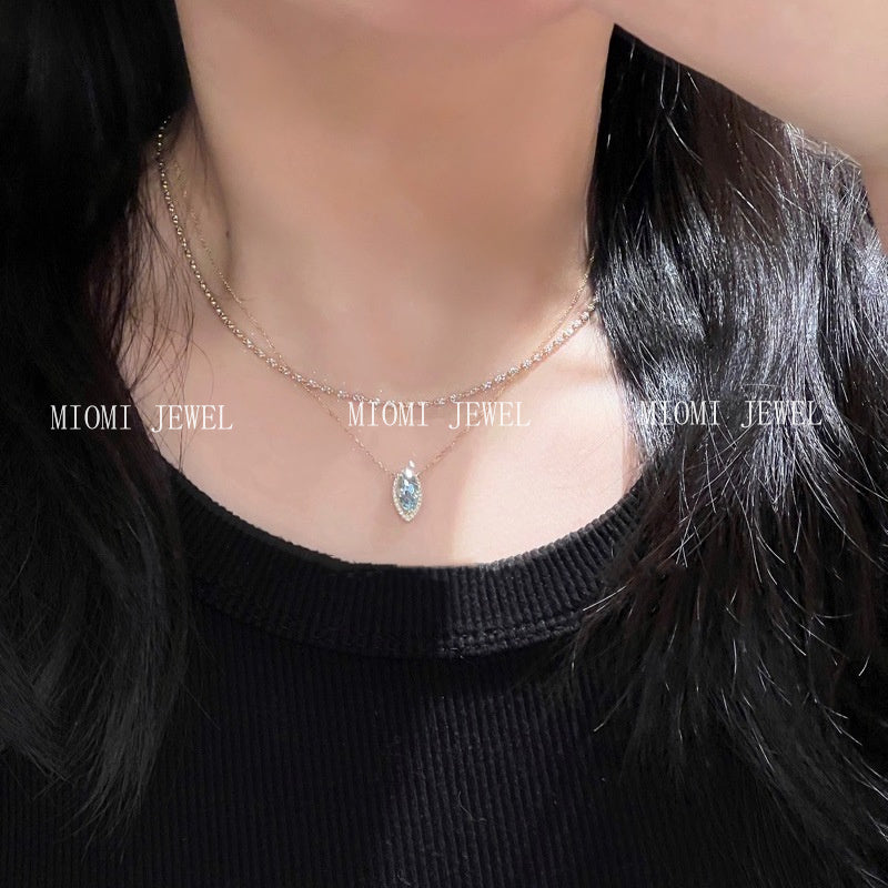 Sparkling Horse Eye Aquamarine Zircon Necklace for Women S925 Sterling Silver Olive Pendant Gemstone Collarbone Chain Vintage Style