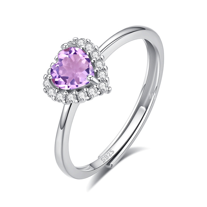 S925 Sterling Silver Ring for Women 5mm Heart-Shaped Natural Crystal Stone Ring Light Luxury High-End Classic Inlaid Jewelry