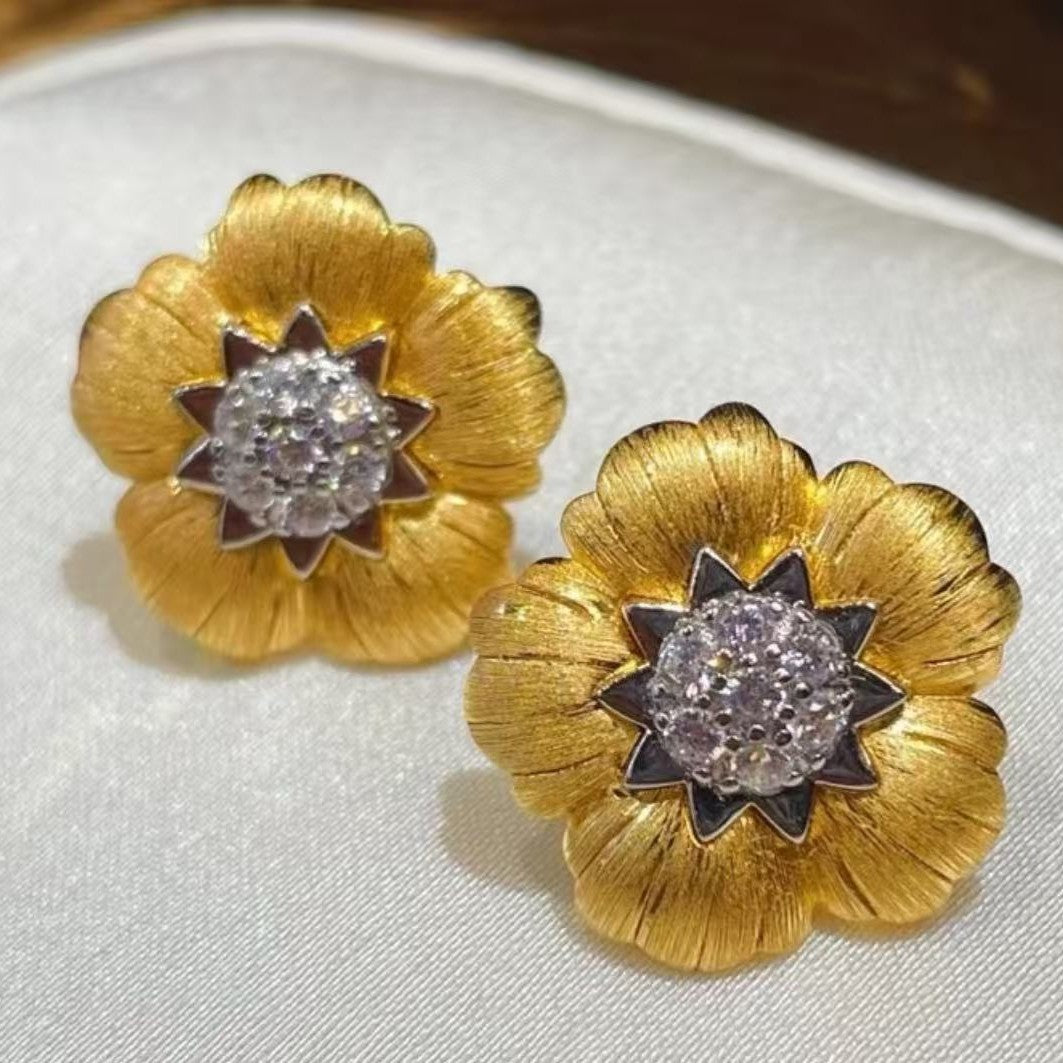 Pure Silver S925 Brushed Craft Color-Plated Wealth Flower Earrings Fashionable Light Luxury Exquisite High-Grade Inlaid with Diamonds