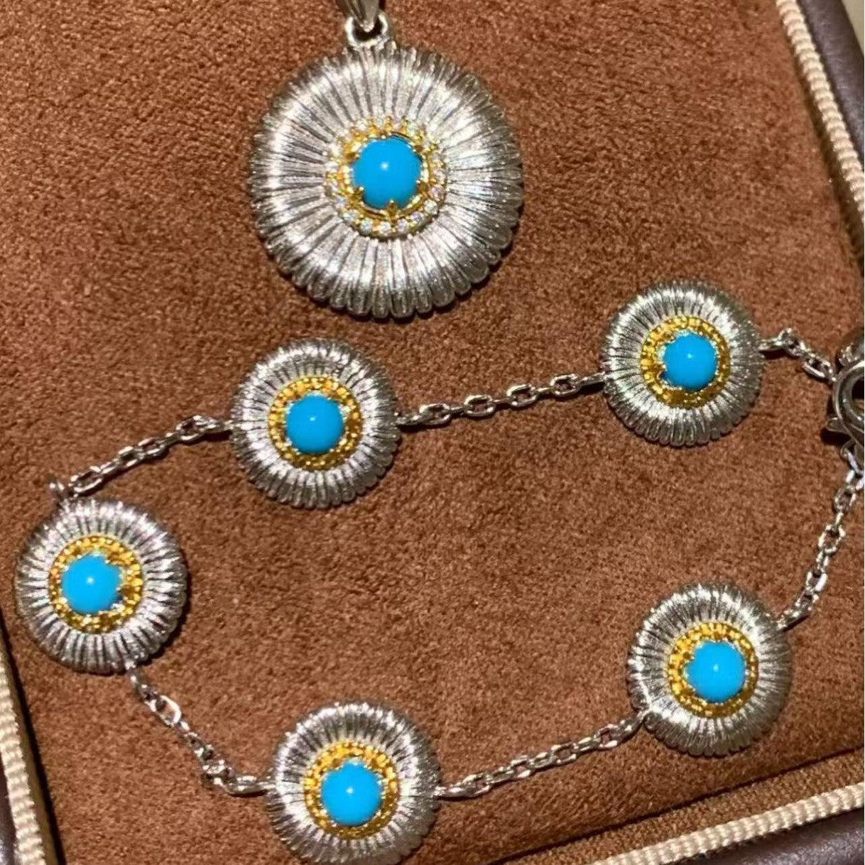 Vintage Brushed Craft Blue Turquoise Daisy Necklace Bracelet Set High-end Unique Personality Design
