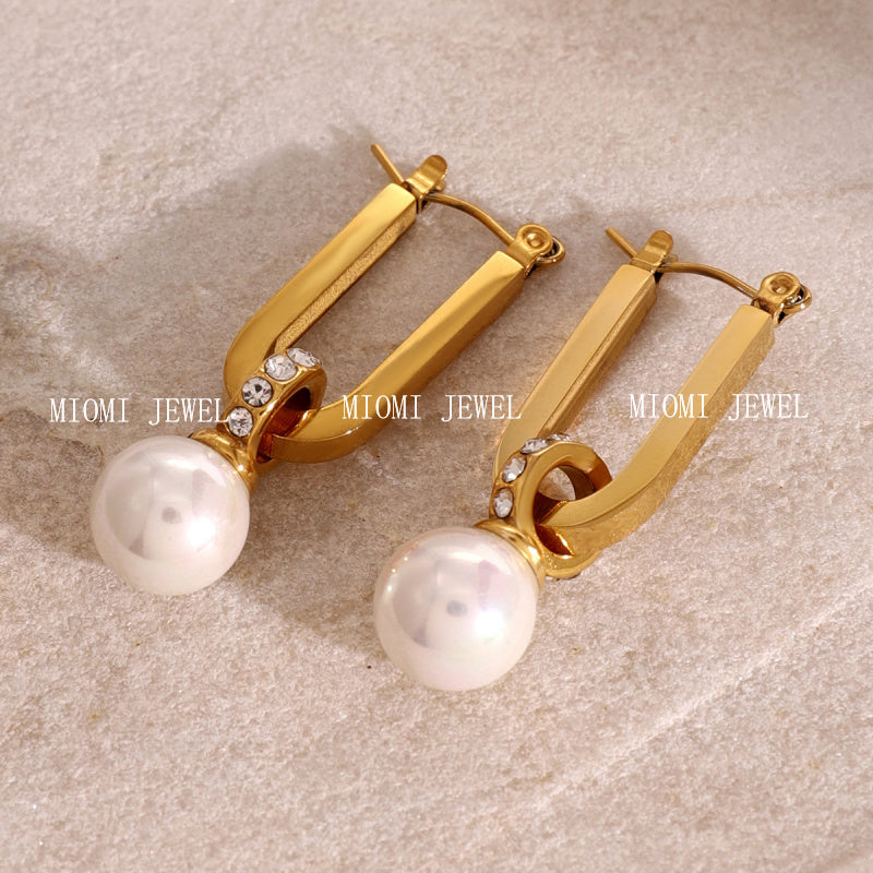 Stainless Steel Pearl Earrings Zircon Studs High-End Ins Style Earrings 18k Gold Titanium Steel Ear Clips