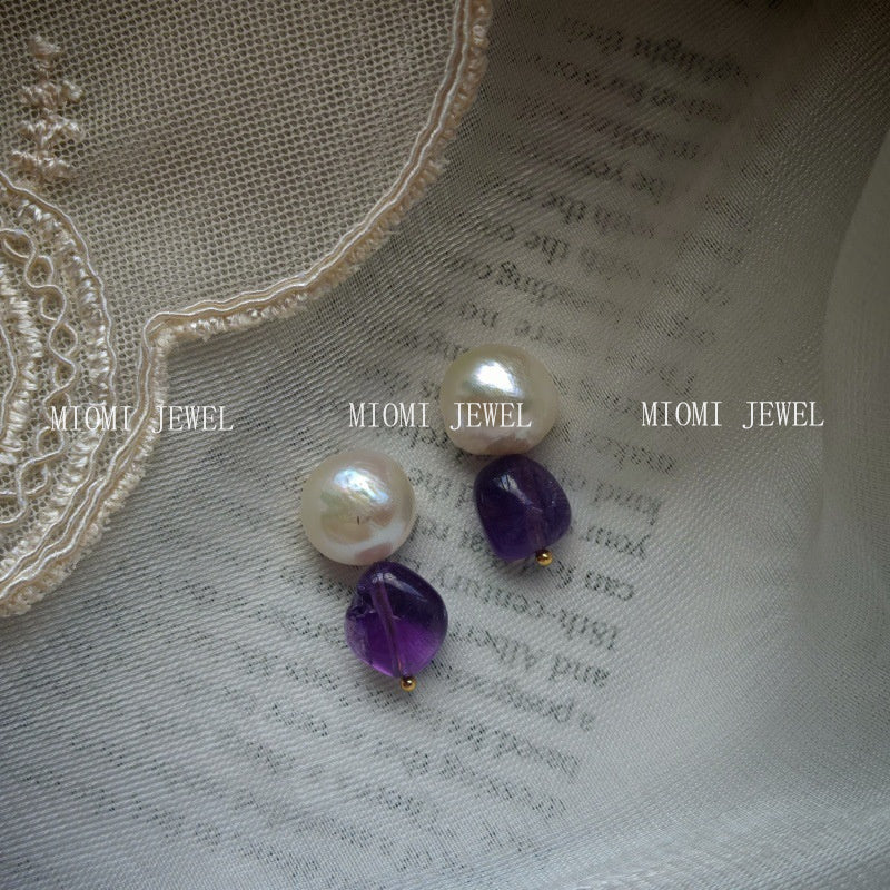 Natural Pearl Turquoise Pink Crystal Amethyst Irregular 925 Silver Needle Irregular Earrings Ear Jewelry