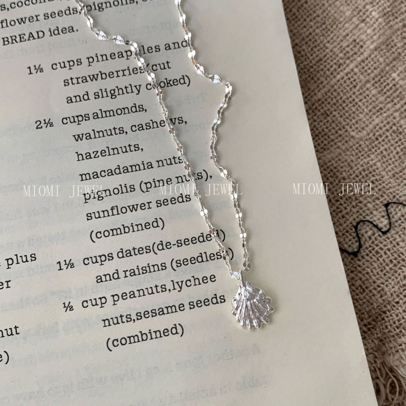 S925 Sterling Silver Wrinkled Texture Shell Necklace for Women Korean Simple Retro Niche Design Hot-Selling Collarbone Chain