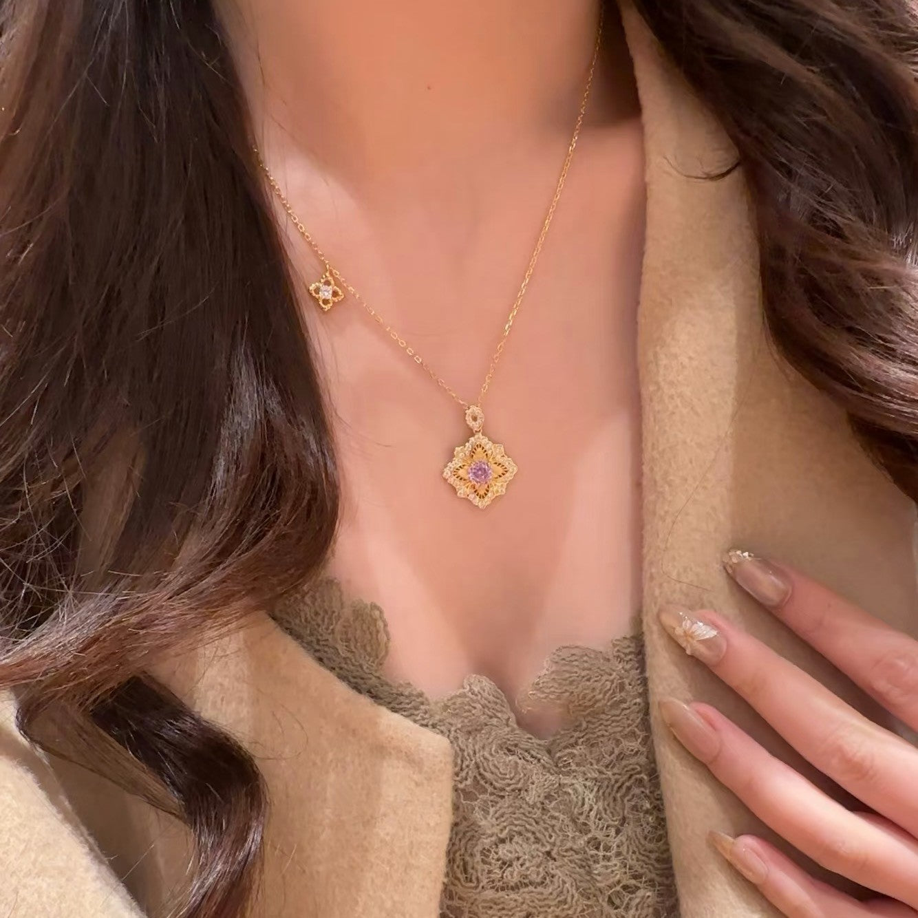 Pure Silver S925 Buchi Style Four-Leaf Clover Brushed Craft Purple Rose Cut High Carbon Diamond Necklace Light Luxury Retro