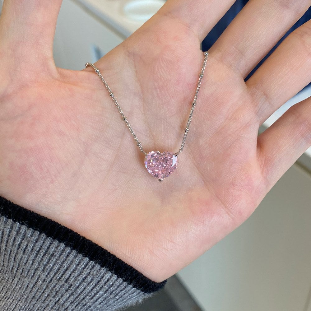 S925 Sterling Silver High Carbon Diamond Necklace for Women Ice Flower Cut Pink Heart Pendant Green Diamond High-end Collarbone Chain