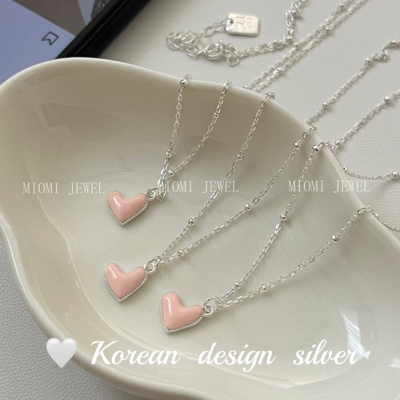 Korea Dongdaemun Style Silver Jewelry S925 Sterling Silver Pink Glaze Heart Bead Necklace Cute Versatile for Women