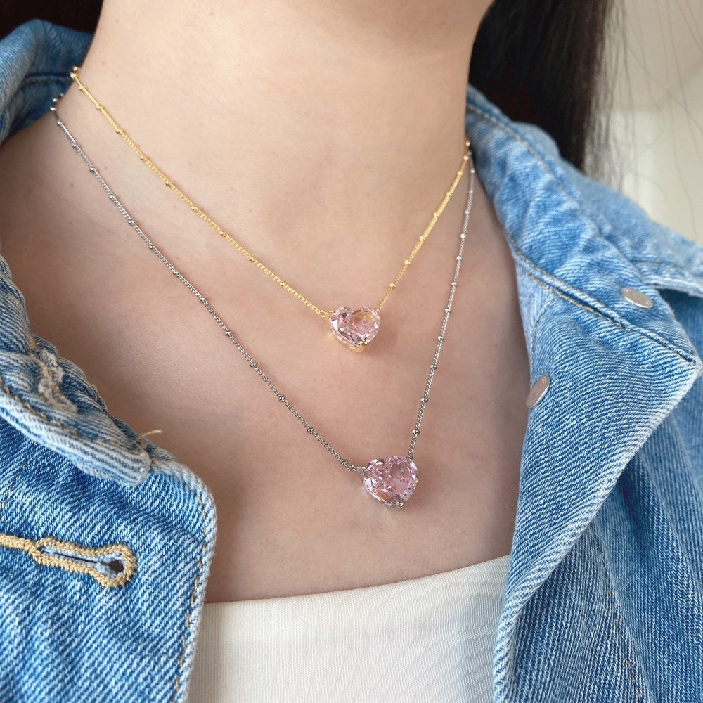 S925 Sterling Silver High Carbon Diamond Necklace for Women Ice Flower Cut Pink Heart Pendant Green Diamond High-end Collarbone Chain