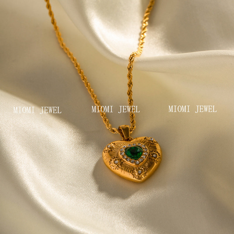 18K Gold Stainless Steel Zircon Necklace Vintage Heart Pendant Titanium Steel Non-Fading Jewelry for Women