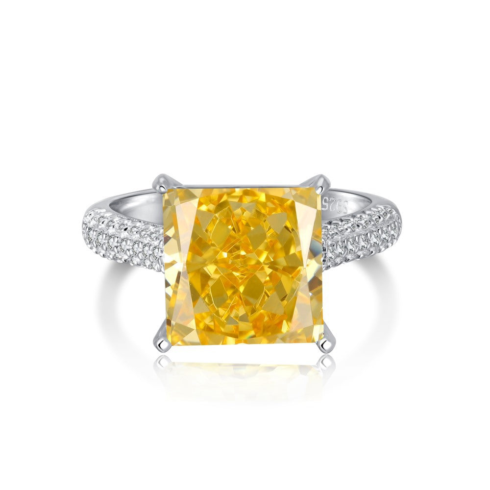 Cross-Border Hot S925 Sterling Silver Yellow Diamond Ring Female Noble Super Flash Ice Flower Cut High Carbon Diamond 8A Zircon Ring