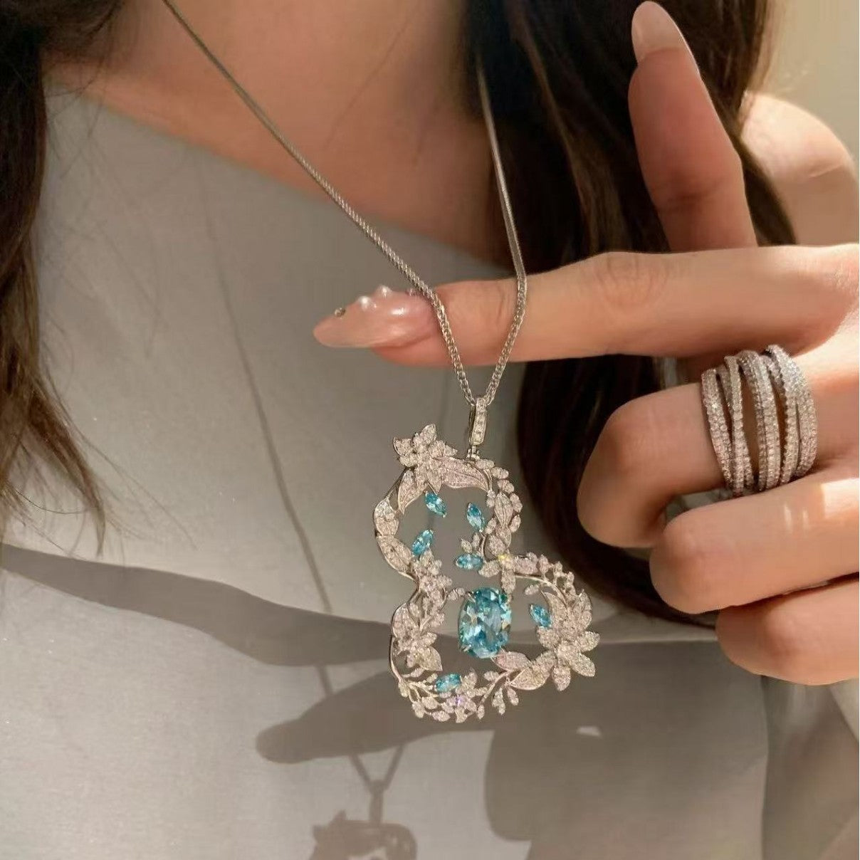 Pure Silver S925 High-End Luxury High Carbon Diamond Aquamarine Zircon Gourd Necklace Cool Vintage Temperament Collarbone Chain