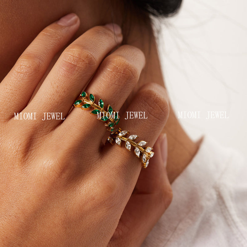 INS Internet Celebrity New Titanium Steel Ring 18K Gold Stainless Steel Leaf-Shaped Inlaid White/Green Zircon Ring