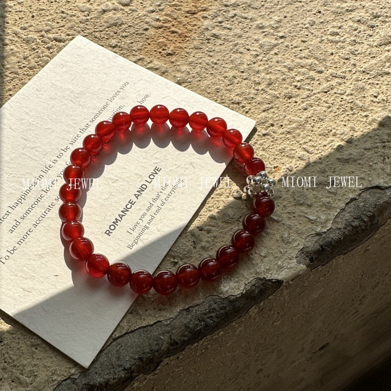 New Year Edition S925 Sterling Silver Red Agate Bracelet Woven Silver Ball Bracelet Simple Fashionable Personalized Jewelry