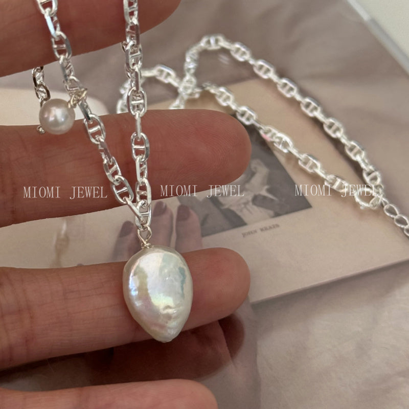 S925 Silver Korean Version Niche Design Freshwater Pearl Irregular Baroque Pig Nose Necklace Wind Collarbone Chain