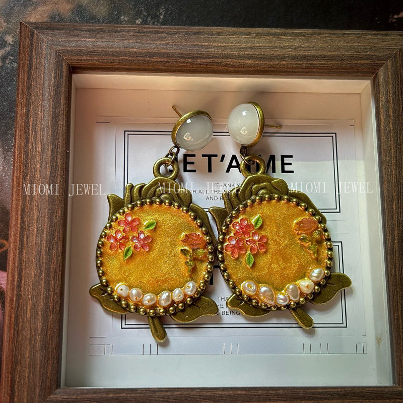 Vintage Retro Antique Jewelry Oil Painting Style Yellow Rose Exaggerated Freshwater Pearl Earrings