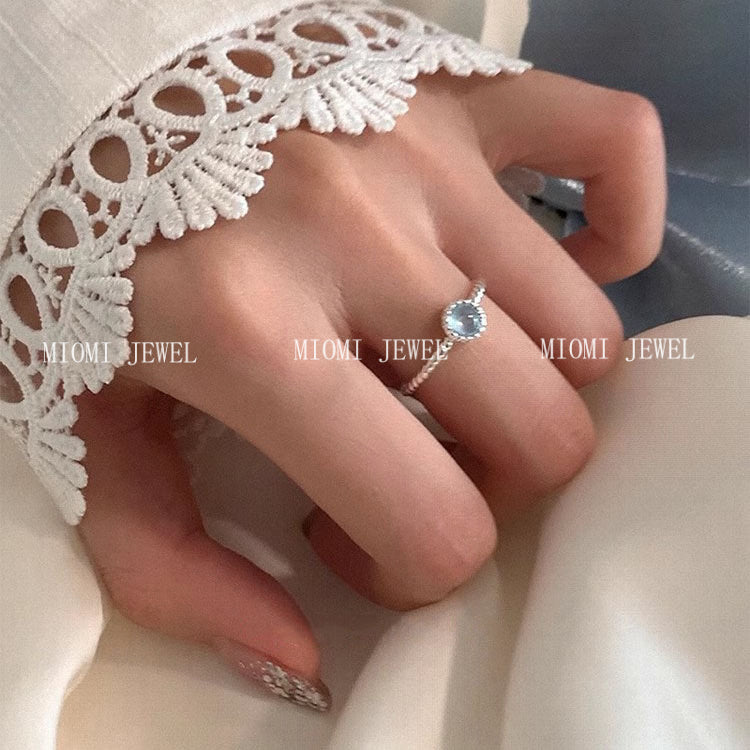 S925 Sterling Silver Natural Aquamarine Ring for Women Braided Round Ring