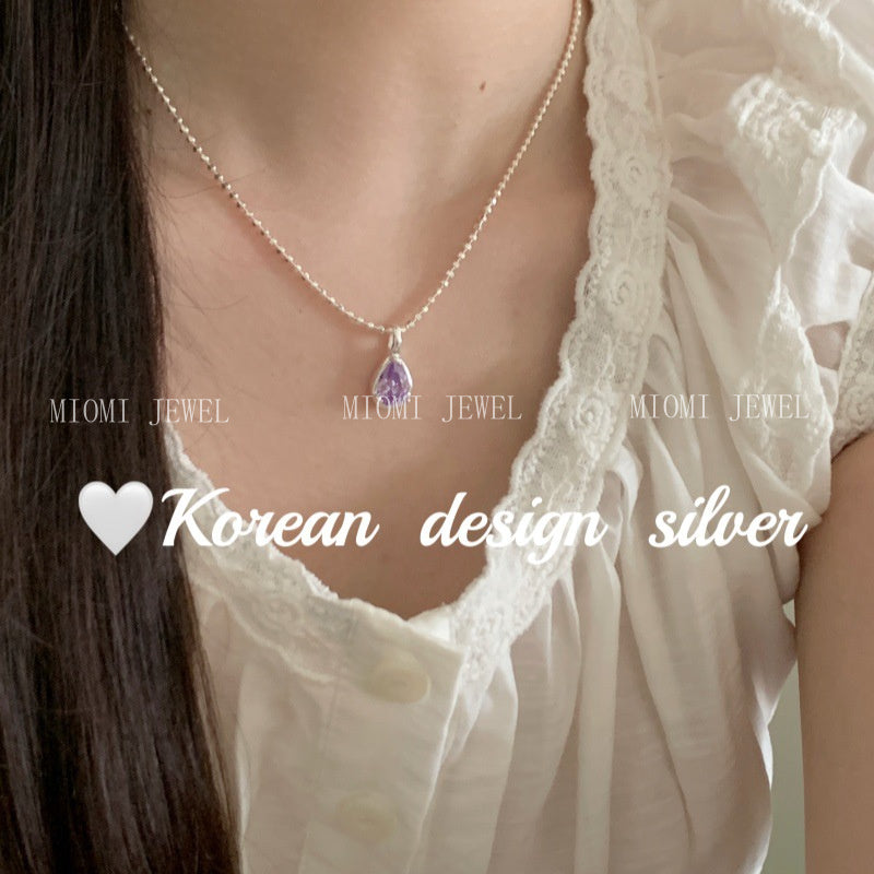 Korean Niche Simple Bright Silver Jewelry S925 Sterling Silver Water Drop Purple Zircon Pendant High-end Niche Women
