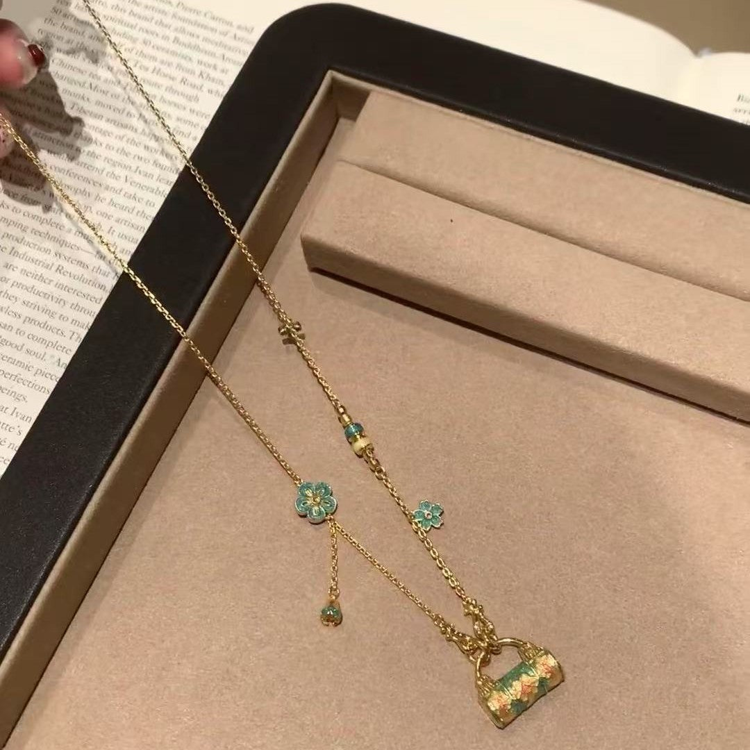 New Chinese Style Retro National Style Flower Enamel Craft Longevity Lock High-end Sense Elegant Light Luxury Bowknot Blessing