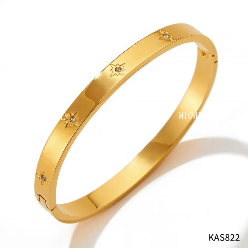 Non-Fading Multiple Styles Diamond-Studded Plain Hoop Bracelet Vacation Style Eight-Pointed Star Waterproof Stackable Stainless Steel Jewelry