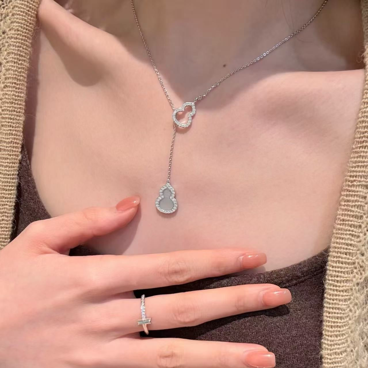 S925 Sterling Silver Natural Purple Chalcedony Double-Sided Gourd Necklace Light Luxury Fashion High-End Clavicle Chain Simple Versatile