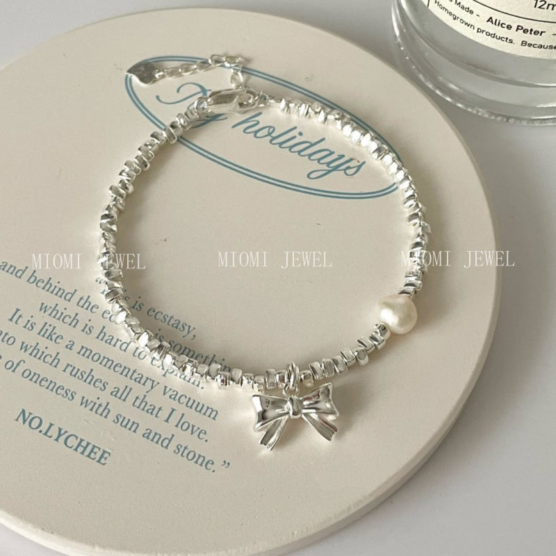 S925 Sterling Silver Natural Freshwater Pearl Bowknot Fragmented Silver Bracelet for Women Sweet Temperament Korean Style Bangle