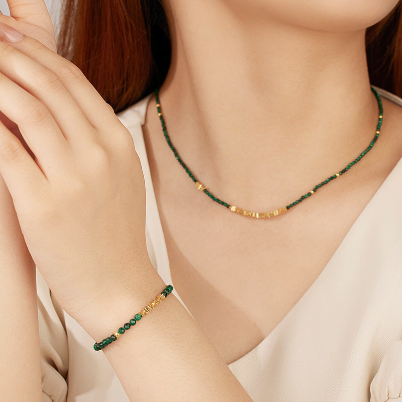 Natural Malachite S925Women's Sterling Silver Necklace French Retro Beaded with Clavicle Chain Accessories High Sense Necklace