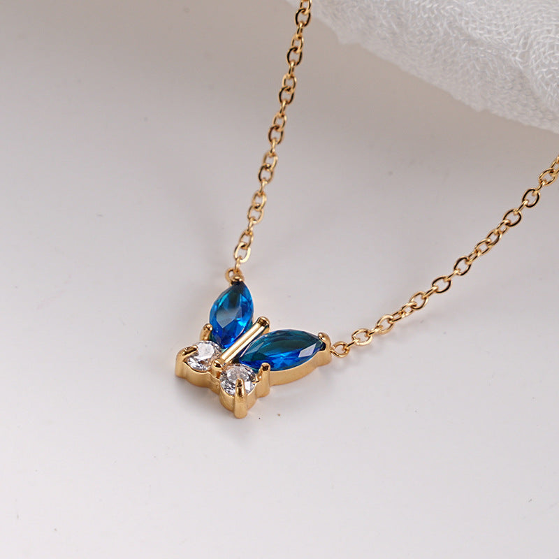 Titanium Steel 18K Vacuum Plated Colorful Zircon Necklace for Women High-End Light Luxury Micro-Paved Zircon Necklace Butterfly Design