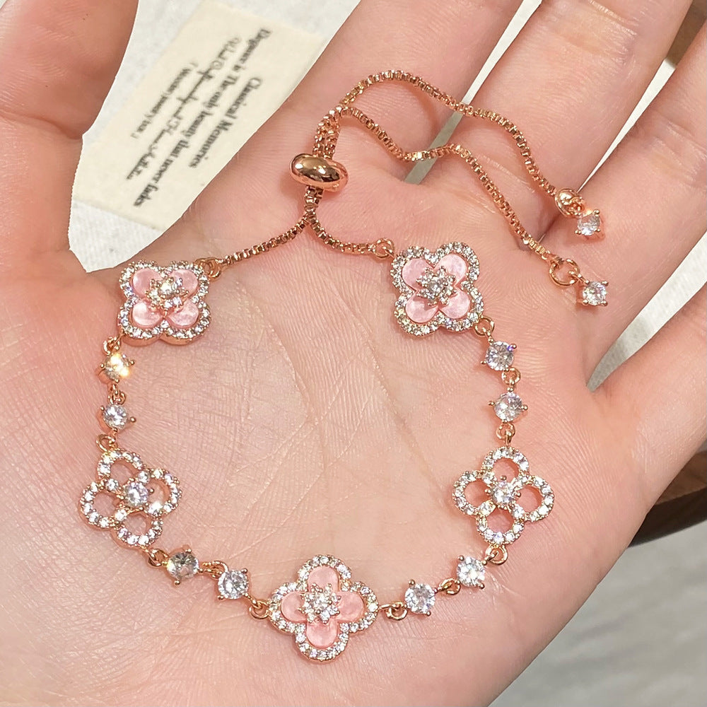 Popular Pink silver Four-Leaf Flower Earrings, ewelry Set Minimalist Luxury & Niche Style