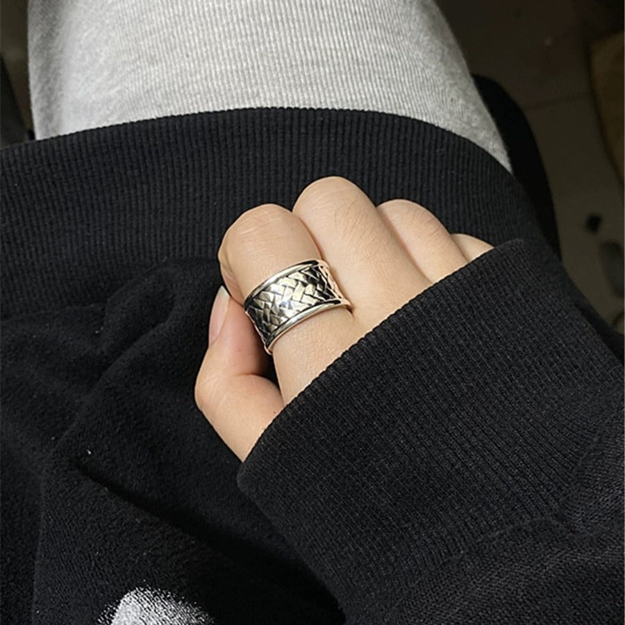 Sterling Silver S925 Shiny Braided Wide Ring Vintage Men Women 925 Sterling Silver Fashion Simple Braided Index Finger Ring