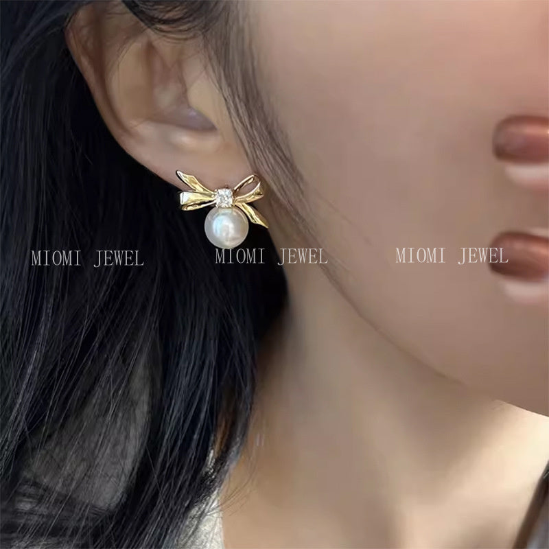 S925 Sterling Silver Bowknot Square Zircon Earrings for Women Simple Sweet Girly Temperament Pearl Earrings
